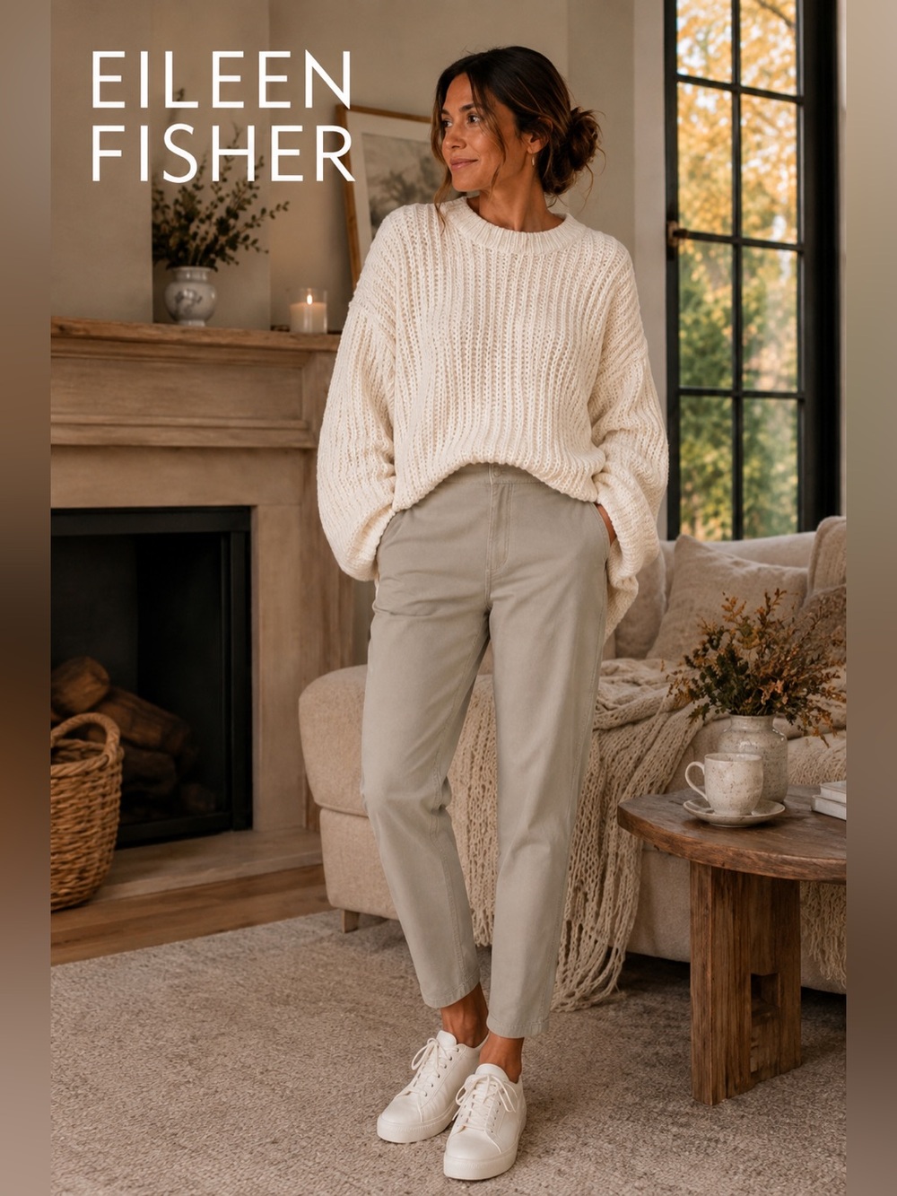 Eileen Fisher Organic Cotton Tapered Chino Pants  Mid-Rise Flat Front Size 4